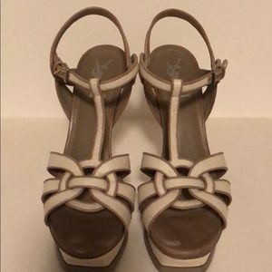 YSL tribute platform t strap in Raffia